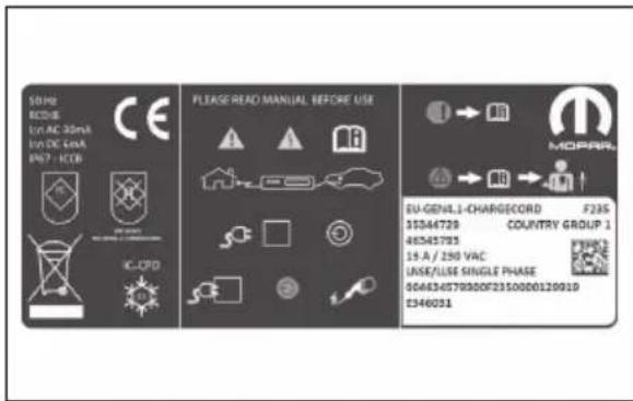 10Hz ECDB En AC 35mA En DC 6mA P47 - ECB CE PLEASE READ MANUAL BEFORE USE MOPAR EU-GENL.1-CHARGECORD F23S 31544729 COUNTRY GROUP 1 46545795 19 A / 250 VAC LEASE/USE SINGLE PHASE 006654879000F23500D0120919 E346031