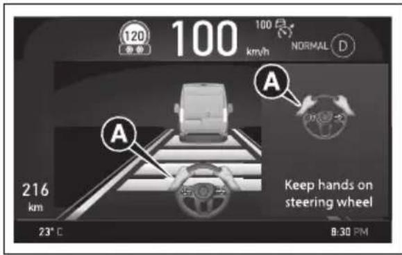 120 100 100 km/h NORMAL D A 216 km Keep hands on steering wheel 23° C 8:30 PM