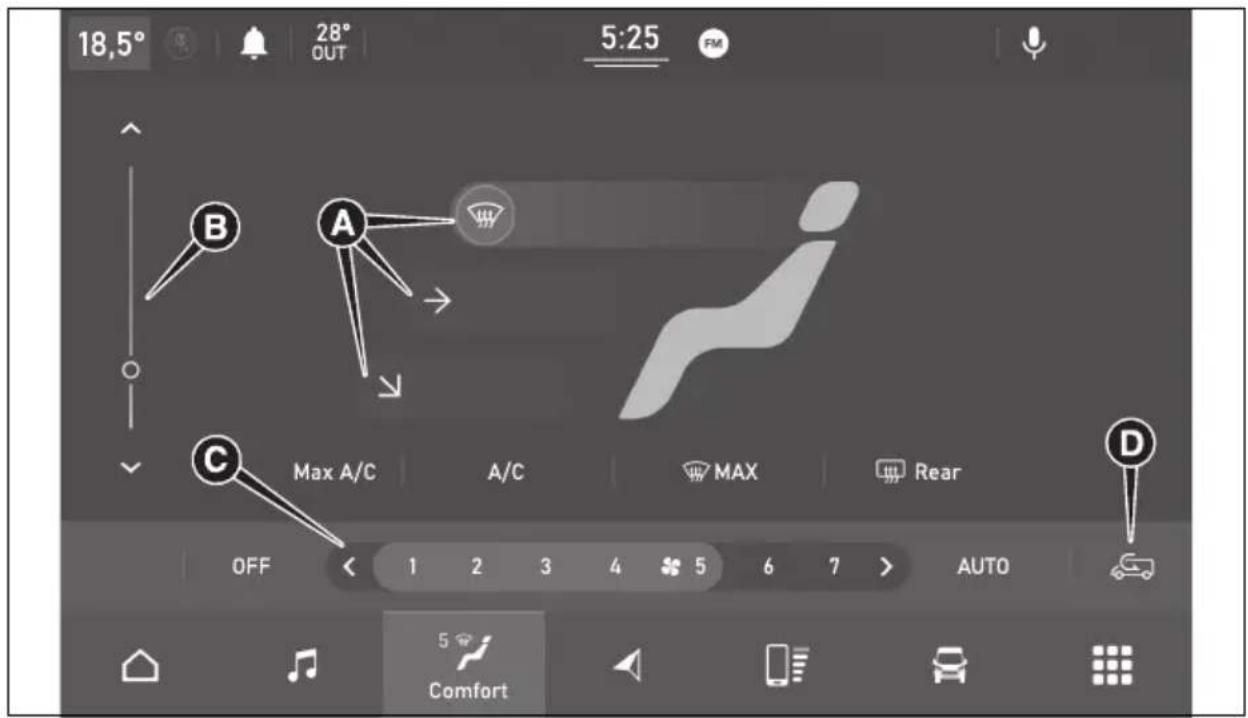18,5° 28° OUT 5:25 FM B A C Max A/C A/C MAX Rear D OFF 1 2 3 4 5 6 7 > AUTO Comfort