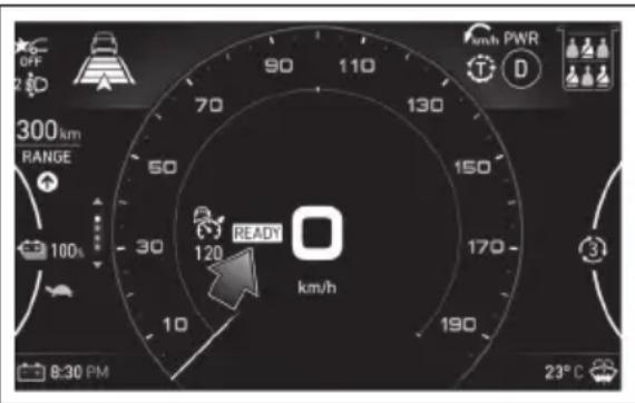 OFF 2 D 300 km RANGE 100s 8:30 PM 70 90 110 km/h PWR 130 150 170 190 120 READY km/h 23°C