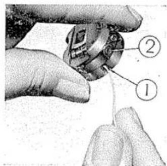 Close-up of hands holding a mechanical component with numbered parts labeled 1 and 2