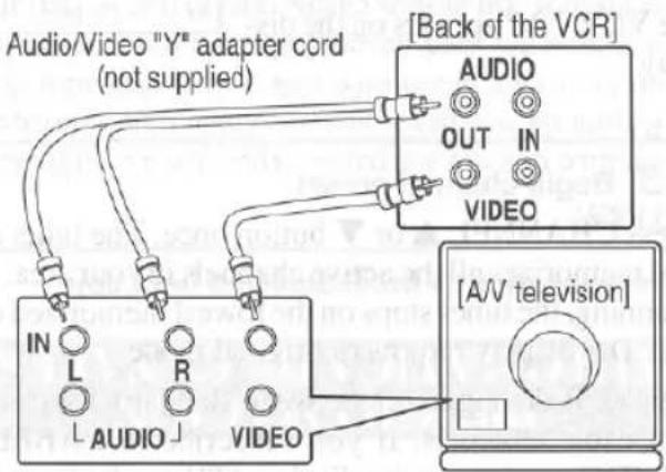 Audio/Video "Y" adapter cord (not supplied) [Back of the VCR] AUDIO OUT IN VIDEO IN L R AUDIO VIDEO [A/V television]