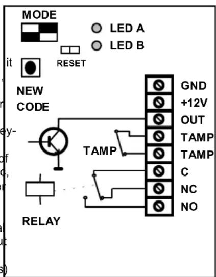 MODE LED A LED B RESET NEW CODE TAMP GND +12V OUT TAMP TAMP C NC NO RELAY
