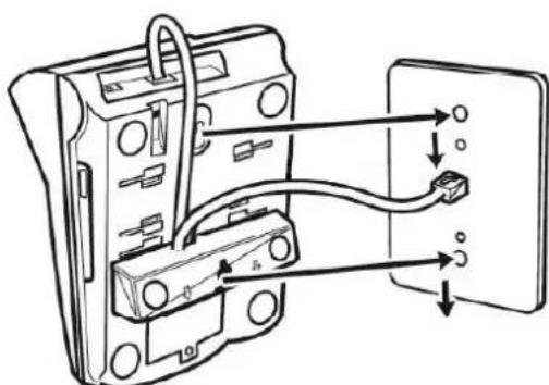 Diagram showing electrical connection between a device and a wall socket, with labeled components and directional arrows indicating wiring or connections.