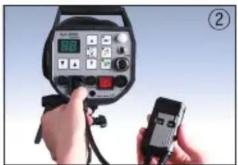 Photo showing hands operating a camera display with a red indicator and control panel, labeled with number ②