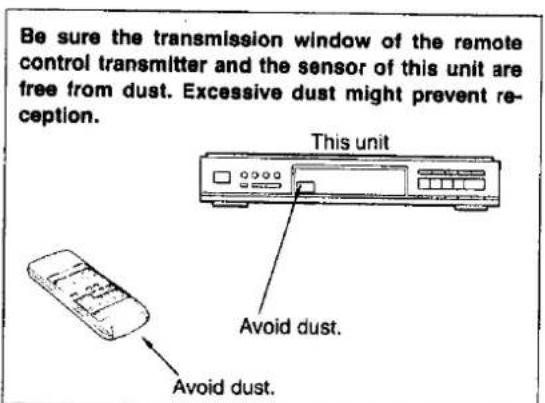 Be sure the transmission window of the remote control transmitter and the sensor of this unit are free from dust. Excessive dust might prevent reception. This unit Avoid dust. Avoid dust.