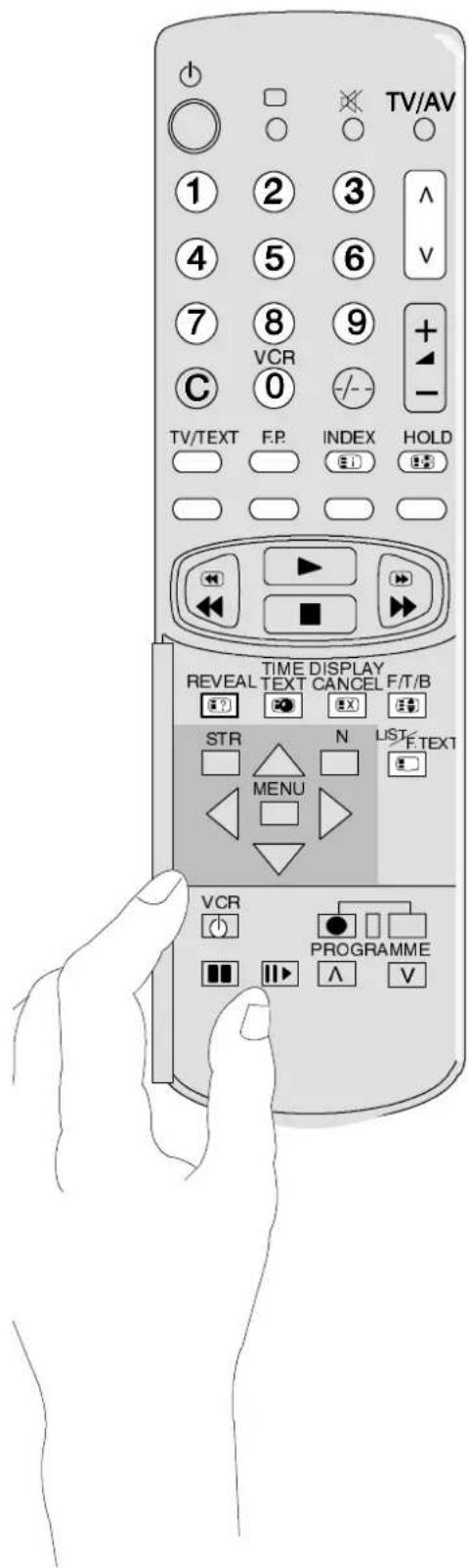 TV/AV ① ② ③ ^ ④ ⑤ ⑥ V ⑦ ⑧ ⑨ + C 0 - - TV/TEXT F.P. INDEX HOLD TIME DISPLAY REVEAL TEXT CANCEL F/T/B ? ? ? X ? STR N LIST MENU F.TEXT VCR PROGRAMME ▲ ▼ ∧ V