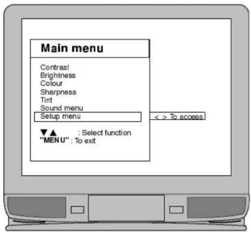 Main menu Contrast Brightness Colour Sharpness Tint Sound menu Setup menu ▼▲ : Select function "MENU" : To exit < > To access