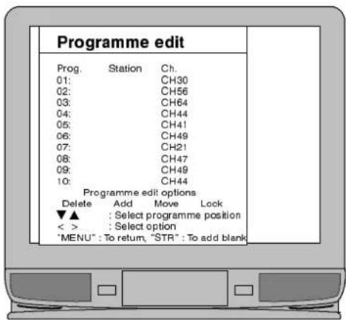 Programme edit Prog. Station Ch. 01: CH30 02: CH56 03: CH64 04: CH44 05: CH41 06: CH49 07: CH21 08: CH47 09: CH49 10: CH44 Programme edit options Delete Add Move Lock ▼▲ : Select programme position < > : Select option *MENU" : To return, "STR" : To add blank