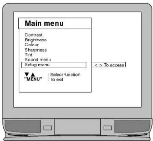 Main menu Contrast Brightness Colour Sharpness Tint Sound menu Setup menu ▼▲ : Select function "MENU" : To exit < > To access
