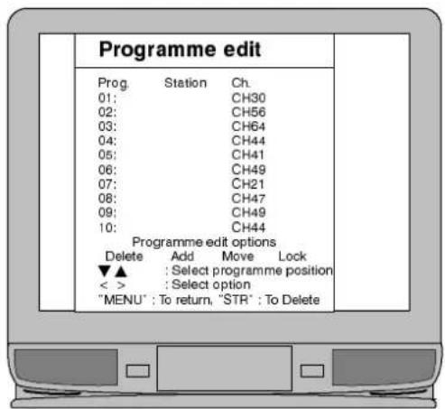 Programme edit Prog. Station Ch. 01: CH30 02: CH56 03: CH64 04: CH44 05: CH41 06: CH49 07: CH21 08: CH47 09: CH49 10: CH44 Programme edit options Delete Add Move Lock ▼▲ : Select programme position < > : Select option "MENU" : To return, "STR" : To Delete