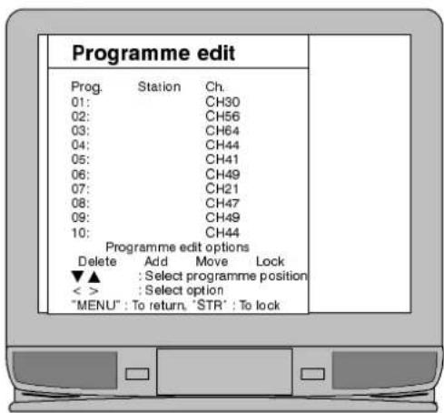 Programme edit Prog. Station Ch. 01: CH30 02: CH56 03: CH64 04: CH44 05: CH41 06: CH49 07: CH21 08: CH47 09: CH49 10: CH44 Programme edit options Delete Add Move Lock ▼▲ : Select programme position < > : Select option "MENU": To return, "STR": To lock