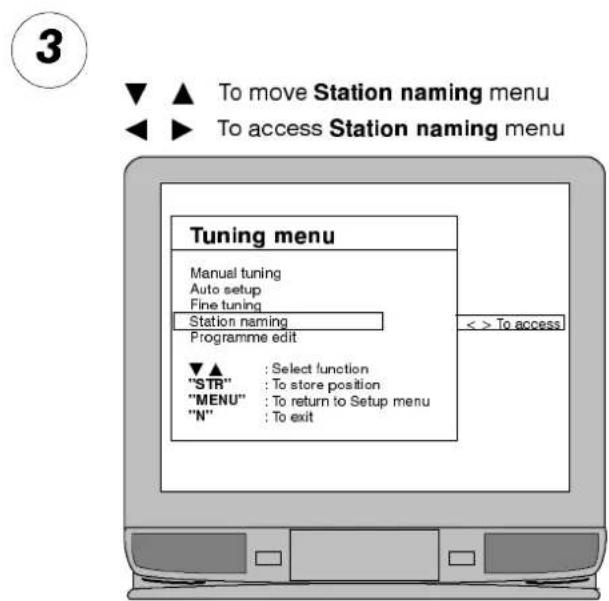 3 To move Station naming menu To access Station naming menu Tuning menu Manual tuning Auto setup Fine tuning Station naming Programme edit ▼▲ : Select function "STR" : To store position "MENU" : To return to Setup menu "N" : To exit < > To access!