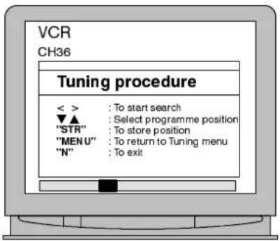 VCR CH36 Tuning procedure < > : To start search ▼▲ : Select programme position "STR" : To store position "MENU" : To return to Tuning menu "N" : To exit
