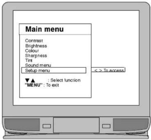 Main menu Contrast Brightness Colour Sharpness Tint Sound menu Setup menu ▼▲ : Select function "MENU": To exit < > To access>