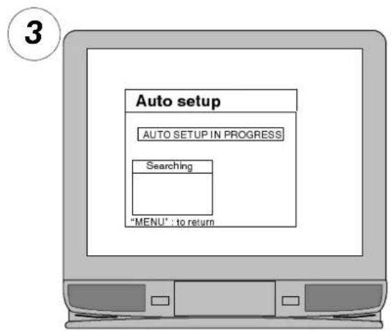 3 Auto setup AUTO SETUP IN PROGRESS Searching "MENU" : to return