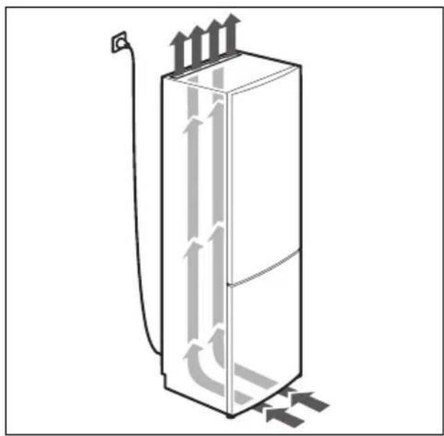 Diagram of a vertical cylindrical device with airflow arrows indicating internal flow, connected to a cable (no text or symbols present)
