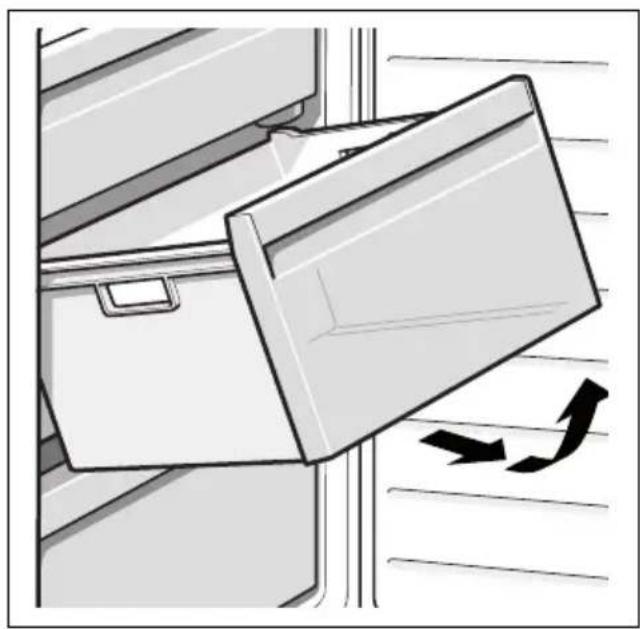 Illustration of a refrigerator with an open door and directional arrows indicating flow or movement (no text or symbols)