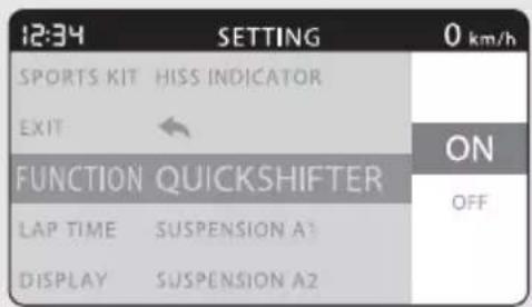 12:34 SPORTS KIT HIS S INDICATOR EXIT FUNCTION QUICKSHIFTER LAP TIME SUSPENSION A1 DISPLAY SUSPENSION A2 0 km/h ON OFF
