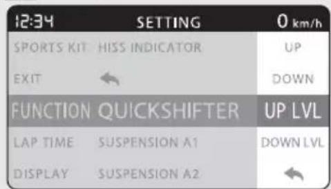 12:34 SPORTS KIT HISS INDICATOR EXIT FUNCTION QUICKSHIFTER LAP TIME SUSPENSION A1 DISPLAY SUSPENSION A2 0 km/h UP DOWN UP LVL DOWN LVL
