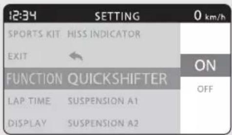 12:34 SPORTS KIT HISS INDICATOR EXIT FUNCTION QUICKSHIFTER LAP TIME SUSPENSION A1 DISPLAY SUSPENSION A2 0 km/h ON OFF