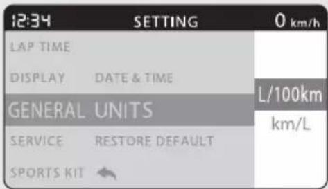 12:34 SETTING 0 km/h LAP TIME DISPLAY DATE & TIME GENERAL UNITS L/100km km/L SERVICE RESTORE DEFAULT SPORTS KIT