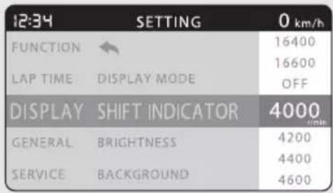 12:34 SETTING 0 km/h FUNCTION 16400 LAP TIME DISPLAY MODE 16600 OFF DISPLAY SHIFT INDICATOR 4000 GENERAL BRIGHTNESS 4200 SERVICE BACKGROUND 4400 4600