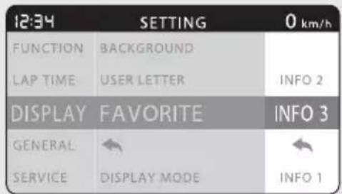12:34 SETTING 0 km/h FUNCTION BACKGROUND LAP TIME USER LETTER INFO 2 DISPLAY FAVORITE INFO 3 GENERAL ← ← SERVICE DISPLAY MODE INFO 1