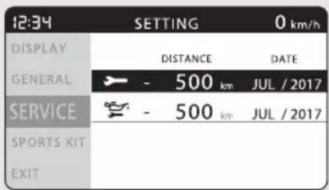 12:34 SETTING 0 km/h DISPLAY DISTANCE DATE GENERAL - 500 km JUL / 2017 SERVICE - 500 km JUL / 2017 SPORTS KIT EXIT