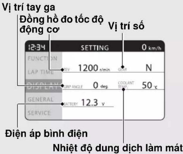 Vị trí tay ga Đồng hồ đo tốc độ động cơ 12:34 SETTING 0 km/h FUNCTION REV 1200 r/min GEAR N LAP TIME DISPLAY GRIP ANGLE 0 deg COOLANT TEMP. 50 °C GENERAL BATTERY 12.3 v SERVICE Điện áp bình điện Nhiệt độ dung dịch làm mát