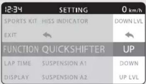 12:34 SETTING 0 km/h SPORTS KIT HISS INDICATOR DOWN LVL EXIT FUNCTION QUICKSHIFTER UP LAP TIME SUSPENSION A1 DOWN DISPLAY SUSPENSION A2 UP LVL