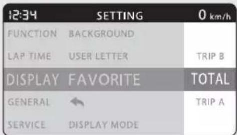12:34 SETTING 0 km/h FUNCTION BACKGROUND LAP TIME USER LETTER TRIP B DISPLAY FAVORITE TOTAL GENERAL TRIP A SERVICE DISPLAY MODE