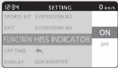 12:34 SETTING 0 km/h SPORTS KIT SUSPENSION M2 EXIT SUSPENSION M3 FUNCTION HISS INDICATOR LAP TIME DISPLAY QUICKSHIFTER ON OFF