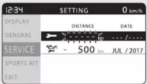 12:34 SETTING 0 km/h DISPLAY DISTANCE DATE GENERAL SERVICE - 500 km JUL / 2017 SPORTS KIT EXIT