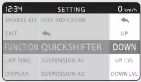 12:34 SPORTS KIT EXIT SETTING 0 km/h HISS INDICATOR UP FUNCTION QUICKSHIFTER DOWN LAP TIME SUSPENSION A1 UP LVL DISPLAY SUSPENSION A2 DOWN LVL