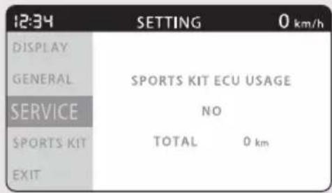 12:34 SETTING 0 km/h DISPLAY GENERAL SPORTS KIT ECU USAGE SERVICE NO SPORTS KIT TOTAL 0 km EXIT