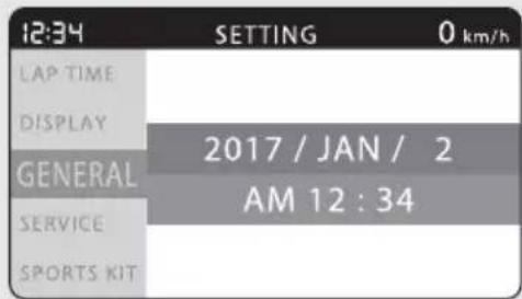 12:34 SETTING 0 km/h LAP TIME DISPLAY GENERAL 2017 / JAN / 2 AM 12 : 34 SERVICE SPORTS KIT