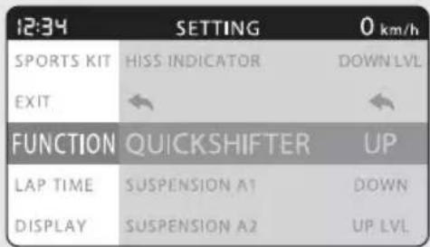 12:34 SPORTS KIT EXIT SETTING 0 km/h HISS INDICATOR DOWN LVL FUNCTION QUICKSHIFTER UP LAP TIME SUSPENSION A1 DOWN DISPLAY SUSPENSION A2 UP LVL