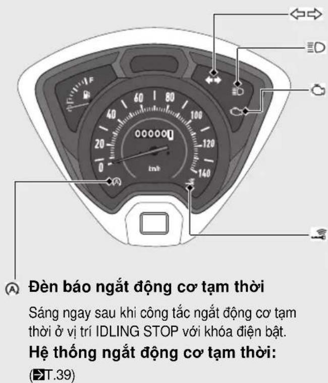 Đèn báo ngắt động cơ tạm thời Sáng ngay sau khi công tắc ngắt động cơ tạm thời ở vị trí IDLING STOP với khóa điện bạt. Hệ thống ngắt động cơ tạm thời: (→T.39)