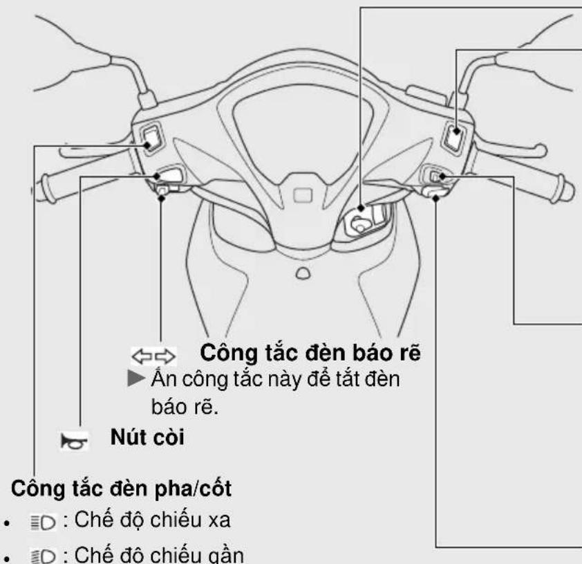 Công tắc đèn báo rẽ ▶ Ản công tắc này để tất đèn báo rẽ. Nút còi Công tắc đèn pha/cốt • D : Chế độ chiếu xa • D : Chế độ chiếu gần