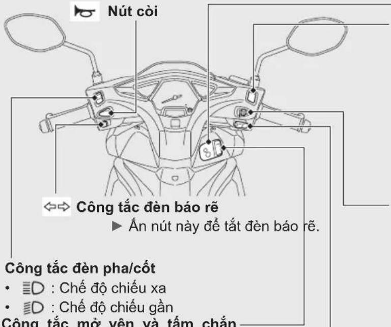 Nút còi Công tắc đèn báo rẽ ▶ float nút này để tất đèn báo rẽ. Công tắc đèn pha/cốt • D : Chế độ chiếu xa • D : Chế độ chiếu gần Công tắc mở yên và tấm chắn