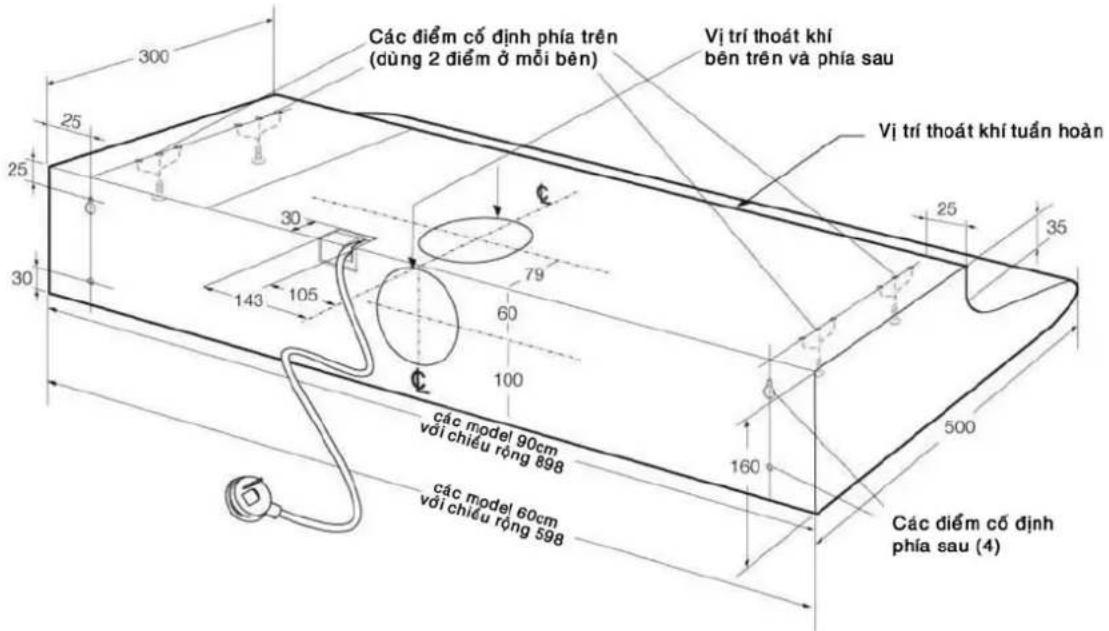 300 25 25 30 143 105 79 60 100 300 Các điểm cố định phía trên (dùng 2 điểm ở mỗi bên) Vị trí thoát khí bên trên và phía sau Vị trí thoát khí tuần hoàn 25 35 500 160 các model 90cm với chiều rộng 898 các model 60cm với chiều rộng 598 Các điểm cố định phía sau (4)
