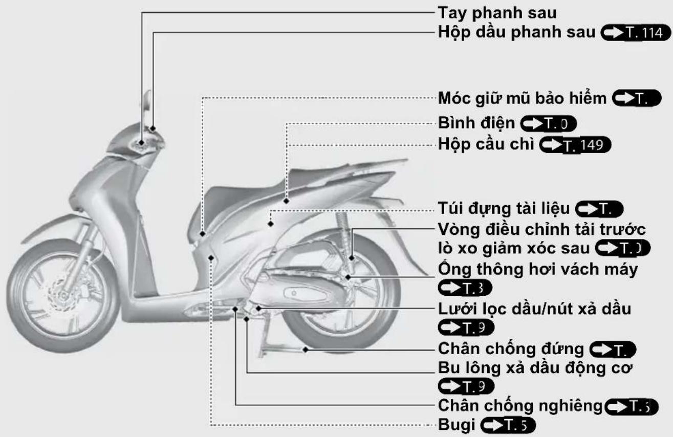 Tay phanh sau Hộp dầu phanh sau → T. 114 Móc giữ mũ bảo hiểm → T. Bình điện → T. 0 Hộp cầu chỉ → T. 149 Túi dựng tài liệu → T. Vòng điều chỉnh tài trước lò xo giảm xúc sau → T. 0 Ống thông hơi vách máy → T. 3 Lưới lọc dầu/nút xà dầu → T. 9 Chân chống đúng → T. Bu lông xà dầu động cơ → T. 9 Chân chống nghiêng → T. 5 Bugi → T. 5