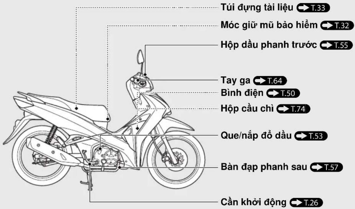 Túi dựng tài liệu → T.33 Móc giữ mũ bảo hiểm → T.32 Hộp dầu phanh trước → T.55 Tay ga → T.64 Bình điện → T.50 Hộp cầu chỉ → T.74 Que/nắp đồ dầu → T.53 Bàn đập phanh sau → T.57 Cần khởi động → T.26