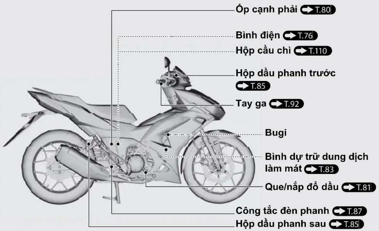 Óp cạnh phải → T.80 Bình điện → T.76 Hộp cầu chỉ → T.110 Hộp dầu phanh trước T.85 Tay ga → T.92 Bugi Bình dự trữ dung dịch làm mát → T.83 Que/nắp đồ dầu → T.81 Công tắc đèn phanh → T.87 Hộp dầu phanh sau → T.85