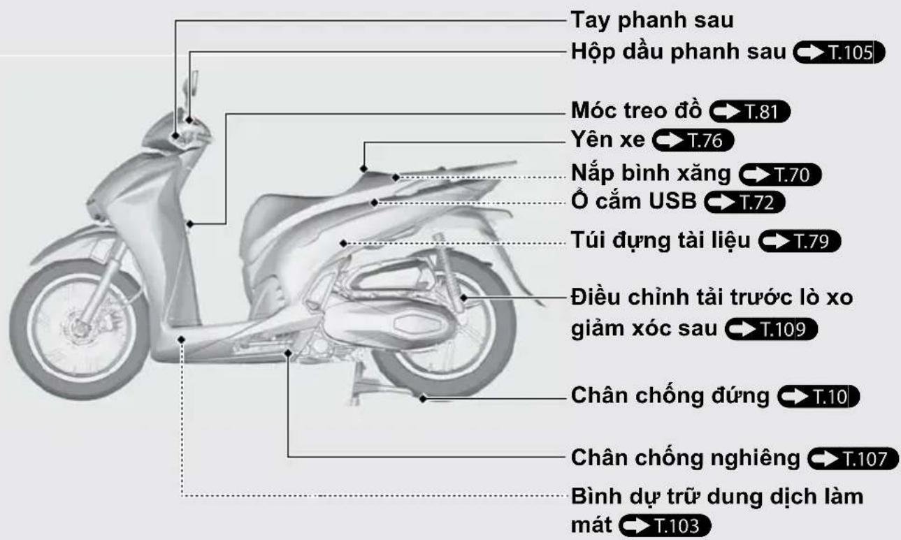 Tay phanh sau Hộp dầu phanh sau → T.105 Móc treo đồ → T.81 Yên xe → T.76 Nắp bình xăng → T.70 Ố cắm USB → T.72 Túi dựng tài liệu → T.79 Điều chỉnh tải trước lò xo giảm xúc sau → T.109 Chân chống đúng → T.10 Chân chống nghiêng → T.107 Bình dự trữ dung dịch làm mát → T.103