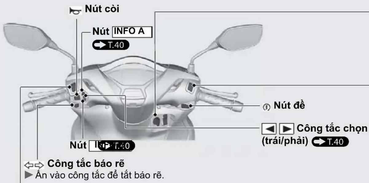Nút còi Nút INFO A T.40 Nút IKT T.40 Công tắc báo rẽ ▶ Án vào công tắc để tất báo rẽ. Nút đề ◀ ▶ Công tắc chọn (trái/phải) → T.40