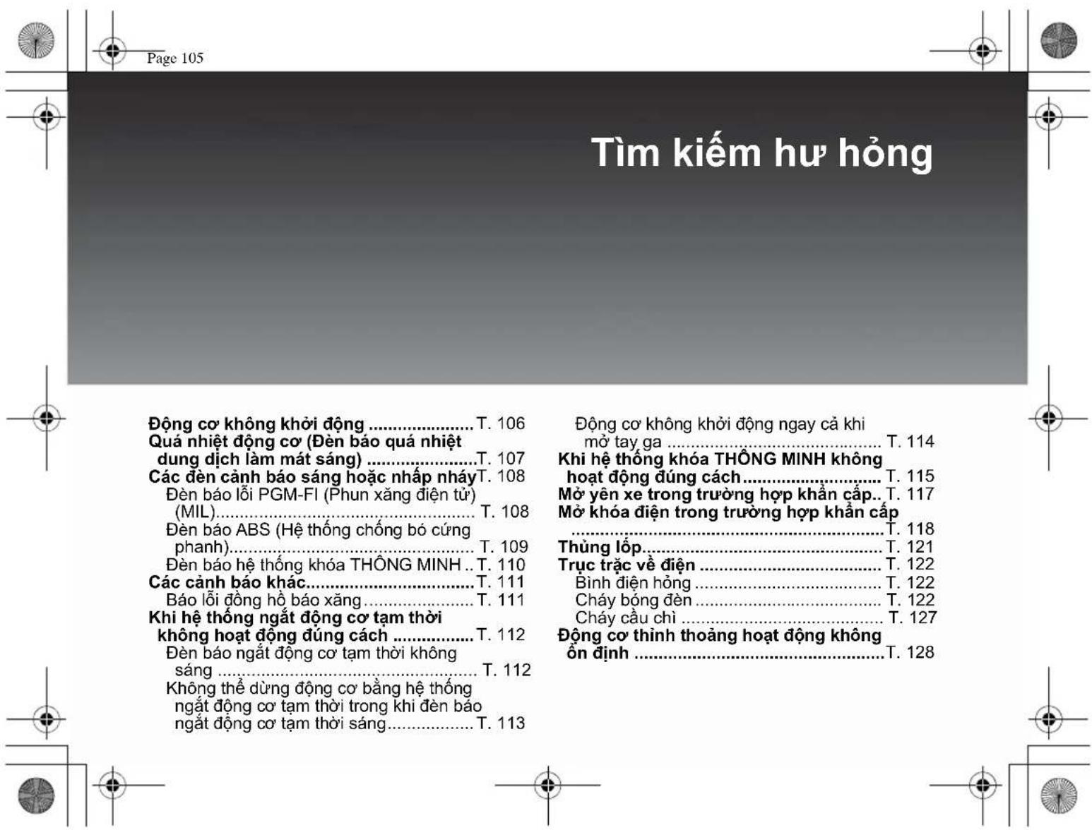 Tìm kiểm hư hỏng Động cơ không khởi động ....T. 106 Quá nhiệt động cơ (Đèn báo quá nhiệt dung dịch làm mát sáng) ....T. 107 Các đèn cảnh báo sáng hoặc nhập nháy T. 108 Đèn báo lỗi PGM-FI (Phun xăng điện tử) (MIL)....T. 108 Đèn báo ABS (Hệ thống chống bó cứng phanh)....T. 109 Đèn báo hệ thống khóa THÔNG MINH.. T. 110 Các cảnh báo khác....T. 111 Báo lỗi động hồ báo xăng....T. 111 Khi hệ thống ngắt động cơ tạm thời không hoạt động đúng cách ....T. 112 Đèn báo ngắt động cơ tạm thời không sáng ....T. 112 Không thể dùng động cơ bằng hệ thống ngắt động cơ tạm thời trong khi đèn báo ngắt động cơ tạm thời sáng....T. 113 Động cơ không khởi động ngay cả khi mở tay ga ....T. 114 Khi hệ thống khóa THÔNG MINH không hoạt động đúng cách....T. 115 Mở yên xe trong trường hợp khẩn cấp.. T. 117 Mở khóa điện trong trường hợp khẩn cấp ....T. 118 Thùng lốp....T. 121 Trục trắc về điện ....T. 122 Bình điện hồng....T. 122 Cháy bóng đèn....T. 122 Cháy cầu chỉ ....T. 127 Động cơ thinh thoảng hoạt động không ồn định ....T. 128