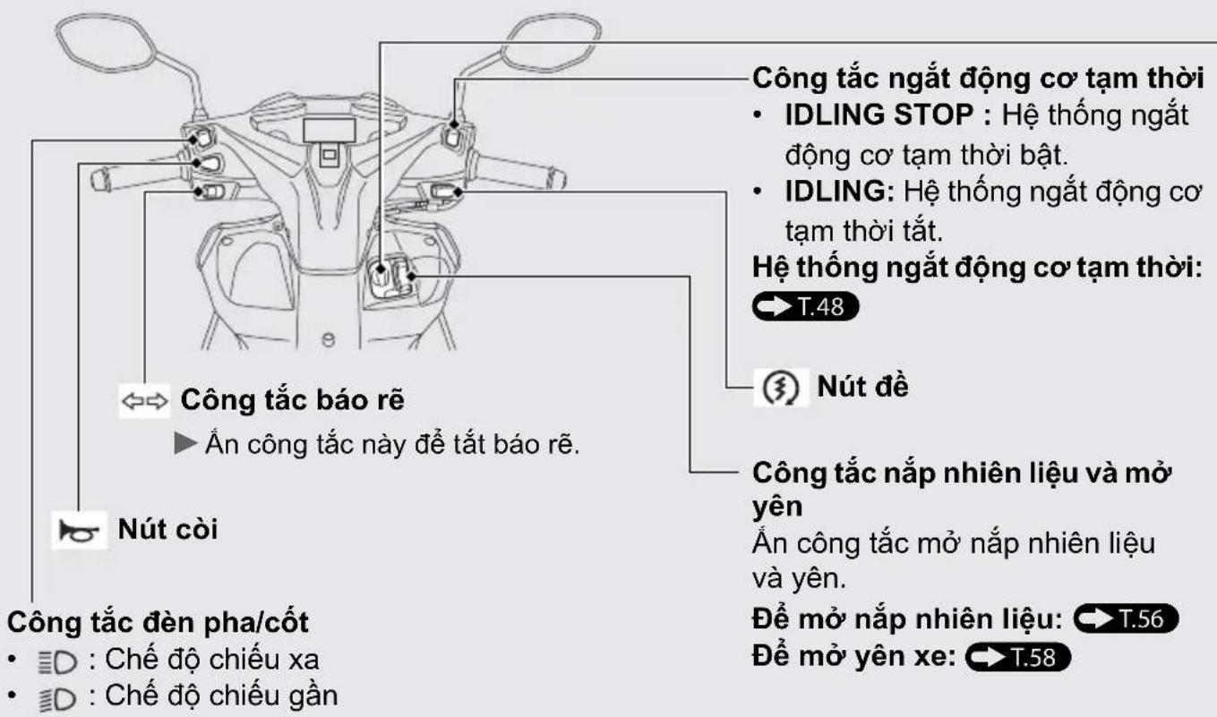 Công tắc ngắt động cơ tạm thời • IDLING STOP : Hệ thống ngắt động cơ tạm thời bật. • IDLING: Hệ thống ngắt động cơ tạm thời tất. Hệ thống ngắt động cơ tạm thời: T.48 Công tắc báo rẽ ▶ Ản công tắc này để tất báo rẽ. Nút còi Công tắc đèn pha/cốt • D : Chế độ chiếu xa • D : Chế độ chiếu gần Công tắc nắp nhiên liệu và mở yên Ản công tắc mở nắp nhiên liệu và yên. Để mở nắp nhiên liệu: T.56 Để mở yên xe: T.58