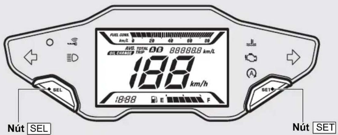 FUEL CONS. km/L 0 20 40 60 80 AVG. TOTAL A B 88888.8 km/L OIL CHANGE TRIP 188 km/h 18:88 E F SEL Nút SEL SET Nút SET